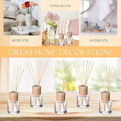 Roshtia 8 Set Reed Diffuser Bottle Empty Refillable Fragrance Glass Diffuser Bottles Set with Wooden Caps Sticks 50ml 1.7 oz Round Glass Jars for DIY Fragrance