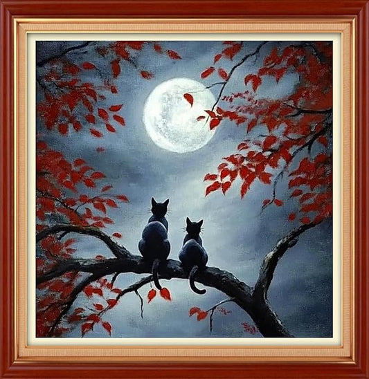 Foxhool Stamped Cross Stitch Kits,11CT Printed Cross Stitch Pattern Full Embroidery Kits for Beginner Needlepoint Kits&Two Cats Admiring The Moon 18x18 inch