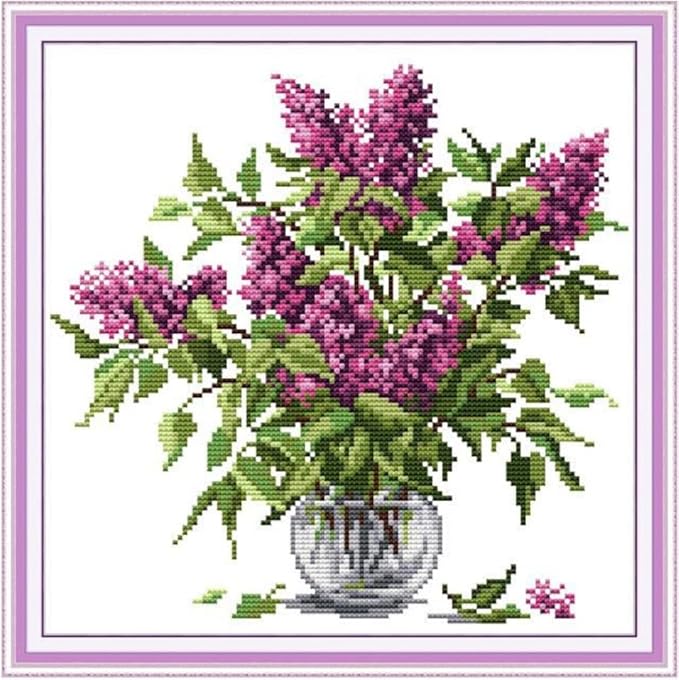 Qeerysew Cross Stitch Kit Stamped Full Range of Embroidery Starter Kits for Beginners DIY-Printed kit Purple Flower 3(Printed) 11CT 14.6×14.6 inches