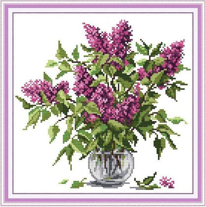 Qeerysew Cross Stitch Kit Stamped Full Range of Embroidery Starter Kits for Beginners DIY-Printed kit Purple Flower 3(Printed) 11CT 14.6×14.6 inches