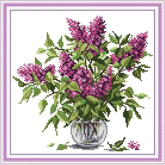 Qeerysew Cross Stitch Kit Stamped Full Range of Embroidery Starter Kits for Beginners DIY-Printed kit Purple Flower 3(Printed) 11CT 14.6×14.6 inches
