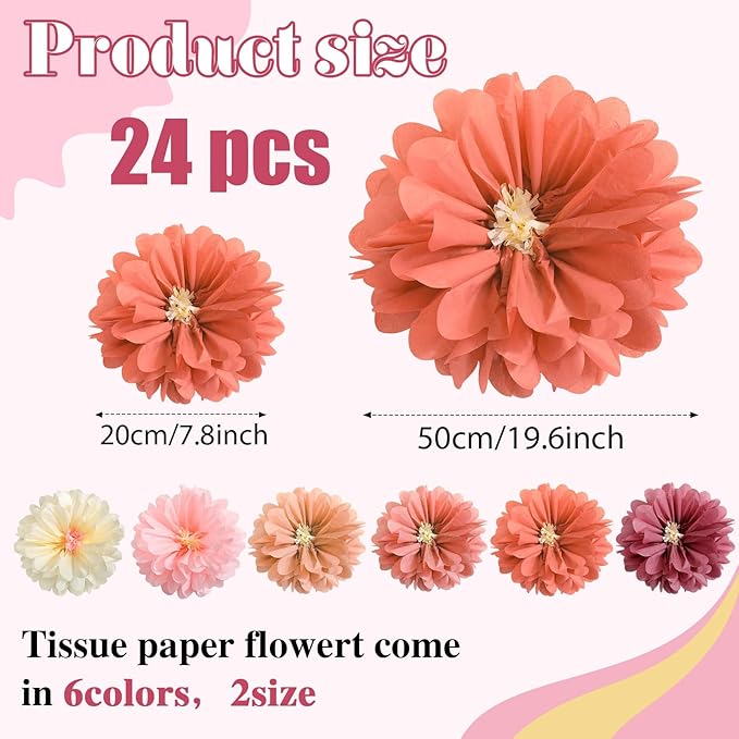 Watersay 24 Pcs 10" 20" Giant Mexican Fiesta Paper Flowers Colorful Tissue Crepe Flowers Pom Poms Craft for Floral Party Backdrop Wedding Birthday Party (Dusty Color)