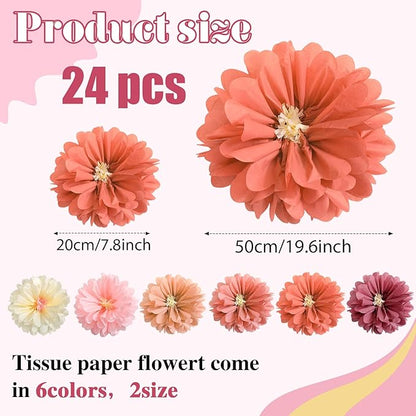 Watersay 24 Pcs 10" 20" Giant Mexican Fiesta Paper Flowers Colorful Tissue Crepe Flowers Pom Poms Craft for Floral Party Backdrop Wedding Birthday Party (Dusty Color)