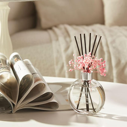 Donurex Flower Reed Diffuser Set 5.07oz Sandalwood Rose Scent Diffuser with Sticks Home Fragrance Reed Diffuser for Bathroom Shelf Decor
