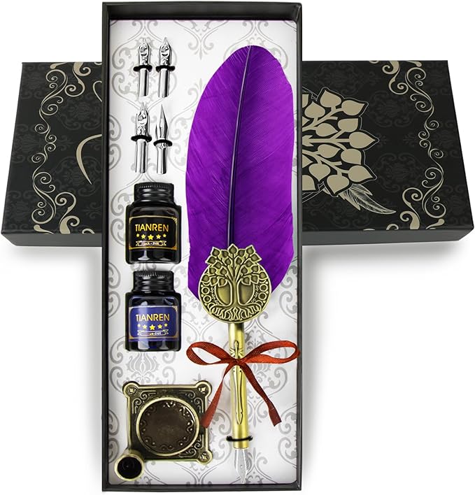 TIANREN Quill pen ink set,Feather Pen and Ink Set,Antique Calligraphy Pen with 4 Replaceable Nibs,2 Bottle of ink,Feather Dip Pen Holder Christmas Gift for Men&Women.(Purple)