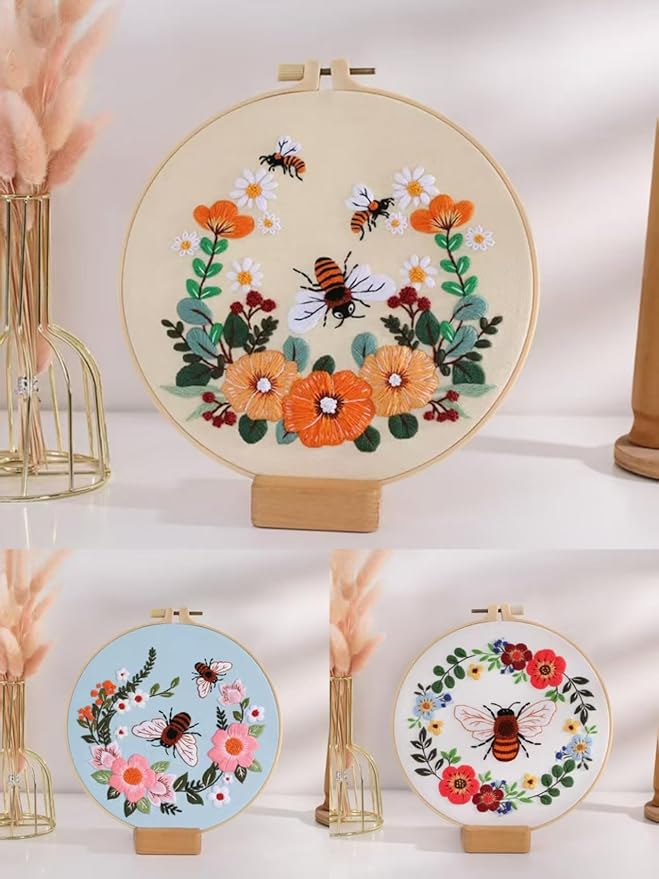 3 Pack Bees Flowers Embroidery Kit for Beginner Adults, Includes Clear Instructions, Embroidery Hoop, Stamped Patterns, Colorful Threads, Tools.Hand Craft Lover Gifts