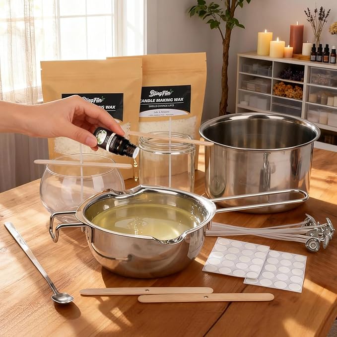 Double Boiler Melting Pot Set for Candle Making, 3-Piece Stainless Steel Wax Melter with Pouring Pot, Ideal for Soy Wax, Beeswax, Candle Making Supplies