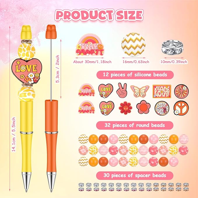 Geyee 12 Set Plastic Beadable Pens Assorted Bead Pens Crystal Wood Round Spacer Set Black Ink DIY Ballpoint for Women Men Gift Office Supplies(Groovy)