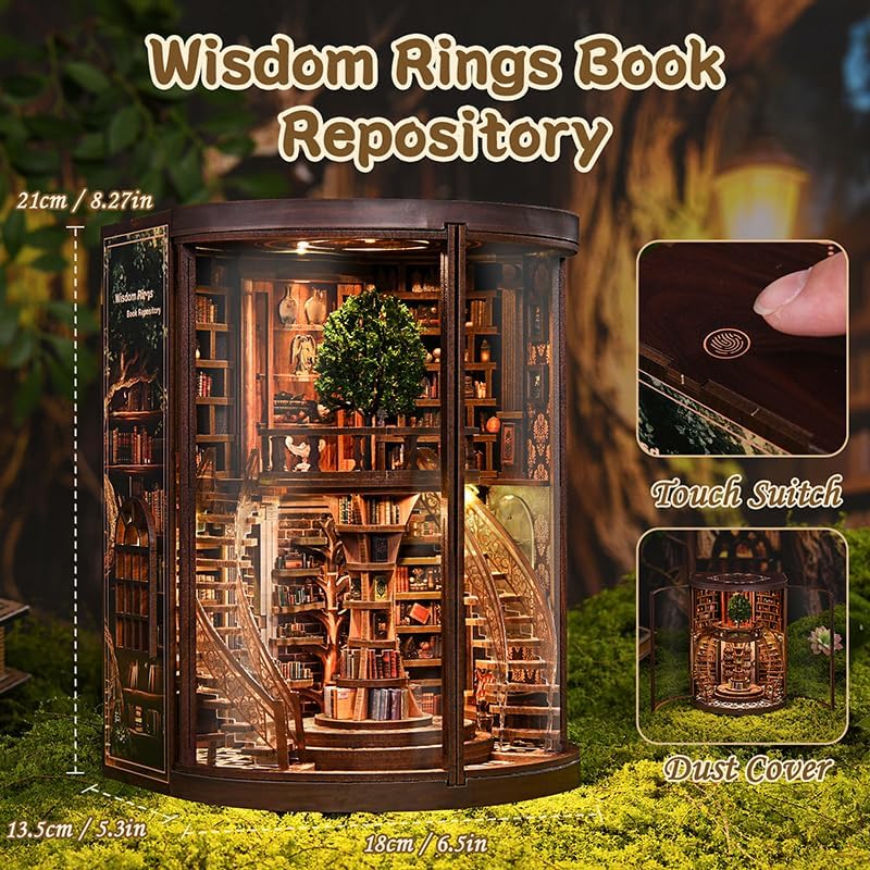 Wisdom Rings Book Repository DIY Book Nook Kit for Adults - Wooden Bookshelf 3D Book Nook Miniature Kit with LED Lights, Puzzle Library Decor for Book Lovers, Dust Proof Display, Unique Gift - Image 4