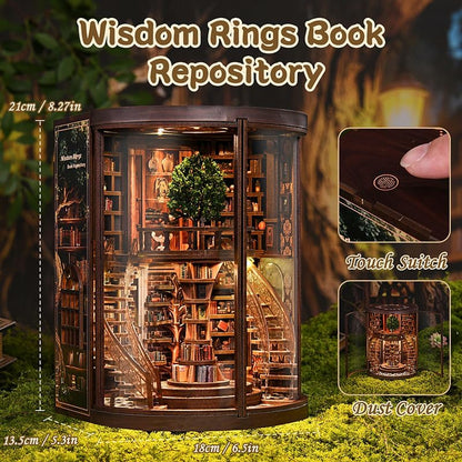 Wisdom Rings Book Repository DIY Book Nook Kit for Adults - Wooden Bookshelf 3D Book Nook Miniature Kit with LED Lights, Puzzle Library Decor for Book Lovers, Dust Proof Display, Unique Gift - Image 4