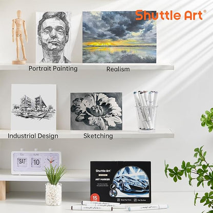 Shuttle Art 15 Colors Grey Tones Dual Tip Art Marker, Alcohol Based Marker Pens Double Ended with Fine and Chisel Point Tips Perfect for Drawing,Shading,Sketching,Designing,Outlining,Illustrating