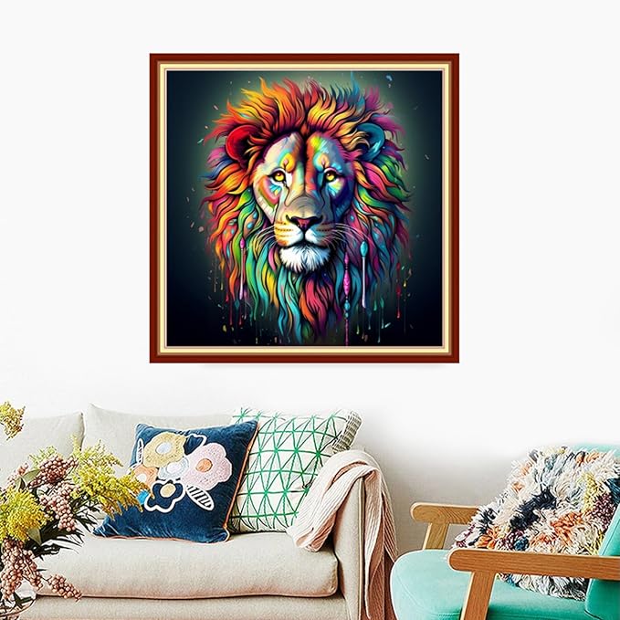 Foxdiviy Stamped Cross Stitch Kits Full Range of Embroidery Needlework Starter Kits for Beginners Adults 11CT Embroidery Patterns Art Crafts DIY Needlepoint Kits-Colorful Lion 18x18 inch