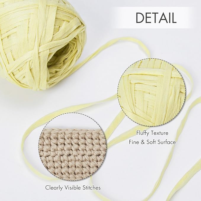NICEEC 6 Skeins Soft Tape Yarn, Easy Crohcet Raffia, Crochet & Knitting, Paper Ribbon Yarn for DIY Craft Gift Wrapping Total Length 1.76oz×6/109yds×6 - Pale Yellow