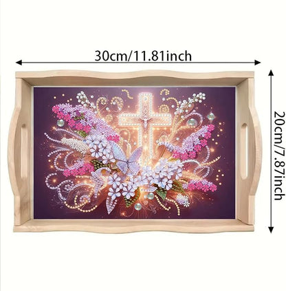 DoxQcs DIY Diamond Art Wooden Tray Kit Easter Food Tray with Handle Diamond Painted Table Decoration Tray for Breakfast Bar Dinner Table Diamond Art Painting for Beginners-#14-Glowing Cross