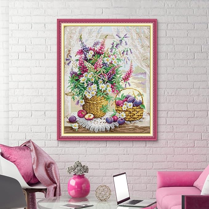 Qeerysew Cross Stitch Kits Stamped Full Range of Embroidery Starter Kits for Beginners DIY - Printed kit Window sill Flower Basket(Printed) 11CT20×24 inches