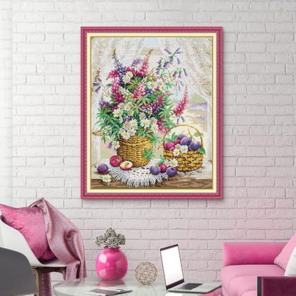 Qeerysew Cross Stitch Kits Stamped Full Range of Embroidery Starter Kits for Beginners DIY - Printed kit Window sill Flower Basket(Printed) 11CT20×24 inches