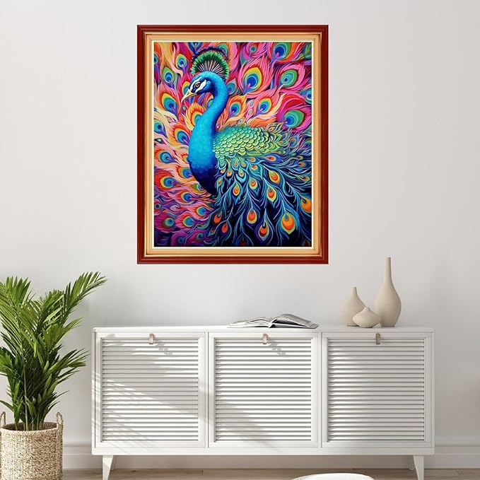 Foxhool Stamped Cross Stitch Kits,11CT Printed Cross Stitch Pattern Full Embroidery Kits for Beginner Needlepoint Kits-Colorful Peacock 16x20 inchs