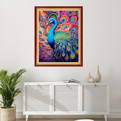 Foxhool Stamped Cross Stitch Kits,11CT Printed Cross Stitch Pattern Full Embroidery Kits for Beginner Needlepoint Kits-Colorful Peacock 16x20 inchs