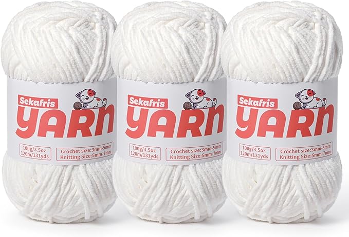 3 Pack Plush Chunky Chenille Yarn for Crocheting, Soft Fluffy Velvet Yarn for Crocheting, Fuzzy Baby Blanket Knitting Yarn, 300g/393yds Bulky Amigurumi Yarns（3 Snow White）
