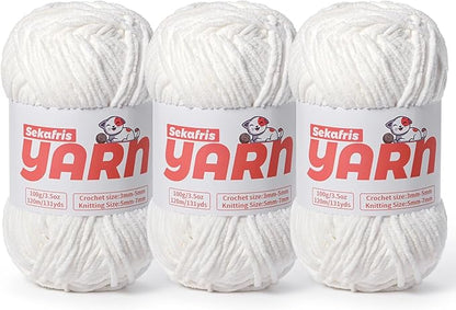 3 Pack Plush Chunky Chenille Yarn for Crocheting, Soft Fluffy Velvet Yarn for Crocheting, Fuzzy Baby Blanket Knitting Yarn, 300g/393yds Bulky Amigurumi Yarns（3 Snow White）