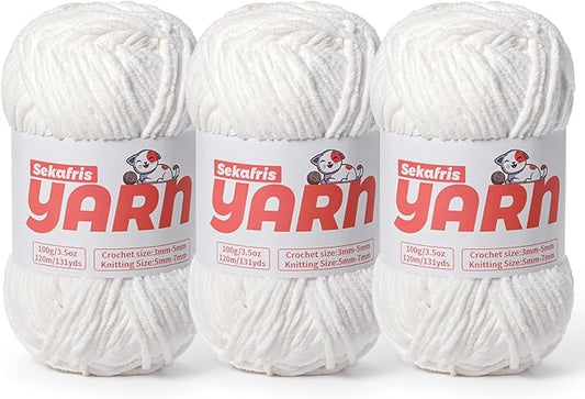 3 Pack Plush Chunky Chenille Yarn for Crocheting, Soft Fluffy Velvet Yarn for Crocheting, Fuzzy Baby Blanket Knitting Yarn, 300g/393yds Bulky Amigurumi Yarns（3 Snow White）