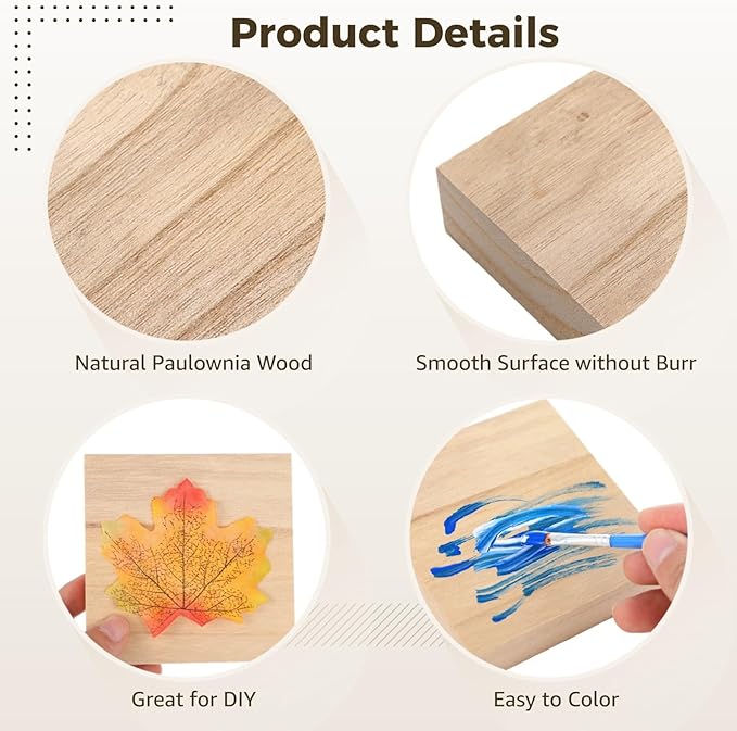 24 PCS Unfinished Wood Blocks, Natural Wood Blocks Painting Kit, 4 x 4 x 1 Inch Square Wood Blocks for Art and Crafts, Blank Wooden Board DIY Craft Panels with 12 Colors Paint 3 Paintbrushes Palette