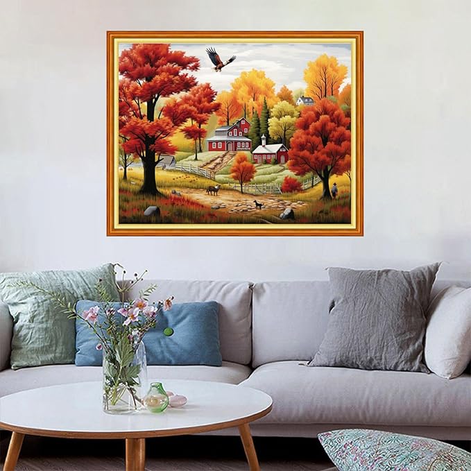 Redxing Stamped Cross Stitch Kits Embroidery kit for Beginners Adults Full Range of Embroidery Patterns Starter Kits DIY Printed Cross Stitch Kits Needlepoint Kits 11CT-Autumn Scenery 16x20 inch