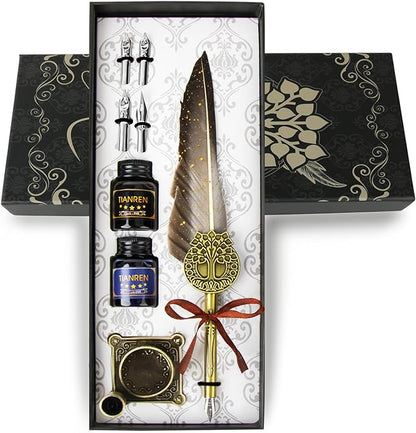 TIANREN Feather Pen and Ink Set,quill pen ink set,Antique Calligraphy Pen with 4 Replaceable Nibs,2 Bottle of ink,Pen Holder Christmas Gift for Men&Women.(Gray)