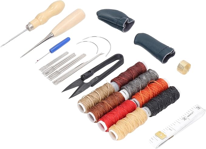 32Pcs Leather Craft Tools Kit, All in One Hand Sewing Kit for DIY Leather Goods Making, Stainless Steel Leather Working Tools with Wax Thread, Needles and Accessories for Beginners