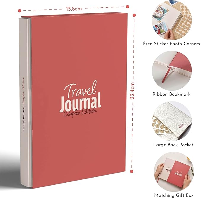 gateway22 Travel Journal Couples Edition - Travel Memory Book, Trip Diary, Photo Album - 136pgs, 15 Trips. Includes Photo Corner Stickers. In Gift Sleeve. Travel Gift for Women and Men - A5 Red