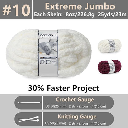 Chunky Yarn for Hand Knitting - #10 Chunky Chenille Yarn, Jumbo Big Thick Chunky Yarns for Crocheting, Super Bulky Chunky Knit Blanket Yarns, 8 Skein (25yd, 8oz/Skein), Cream & Wine
