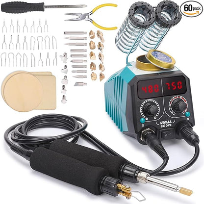 YIHUA 939D-VII Pyrography Tool Wood Burning Pen Kit Station 2-in-1 Solid-Point 200~480°C (with Temp Display)/Wire-Nib 250~750°C with 23 Nibs, 25 Solid Points, 4 Woodpieces