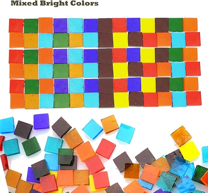 Lanyani Transparent Square Glass Mosaic Tiles Pieces Stained Glass for Crafts, Mixed Colors and Patterns, 500g/1.1lb