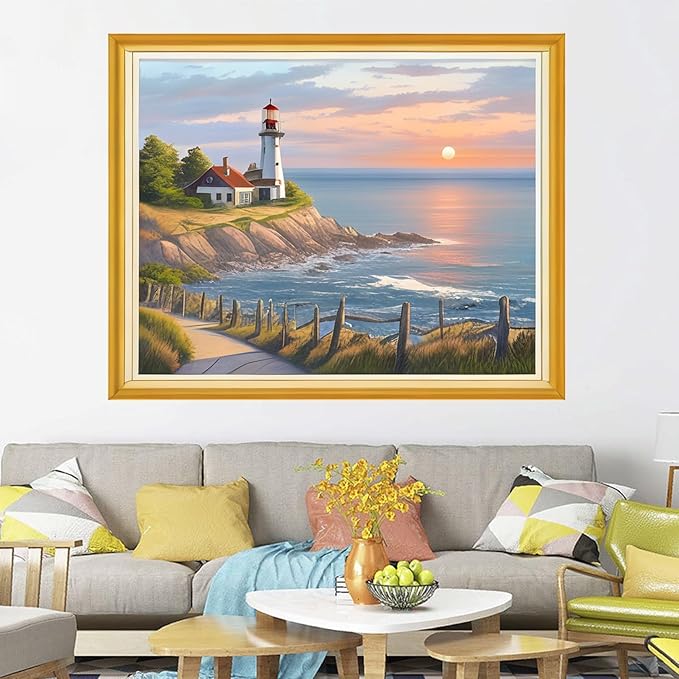 Joyhoor Cross Stitch Kits for Beginners Stamped Cross-Stitch Supplies Needlework preprint Embroidery Kits for Adults DIY Needlepoint Kits Embroidery Patterns 11CT-Lighthouse Sunrise 16x20 inch