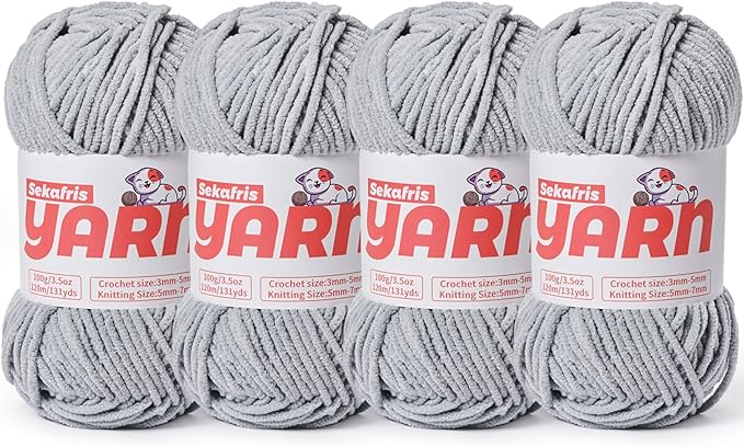 4 Pack Plush Chunky Chenille Yarn for Crocheting, Soft Fluffy Velvet Yarn for Crocheting Amigurumi, Fuzzy Baby Blanket Knitting 400g/524yds Bulky(4 Grayish)