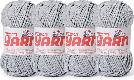 4 Pack Plush Chunky Chenille Yarn for Crocheting, Soft Fluffy Velvet Yarn for Crocheting Amigurumi, Fuzzy Baby Blanket Knitting 400g/524yds Bulky(4 Grayish)