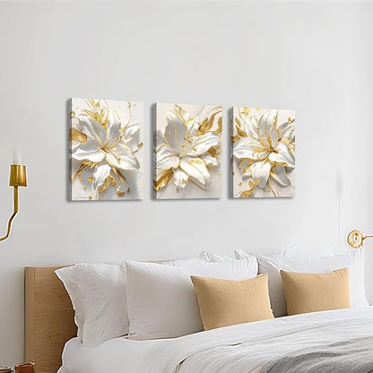 WENGTIAO 3Pcs Elegant White Lily Flowers Canvas Wall Art Boho White Floral Gold Edges Prints Pictures Paintings Beige Blossom Artwork for Living Room Bedroom Office Bathroom 12”x16 x3