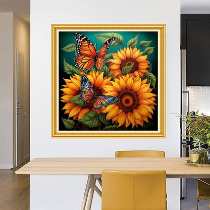 Foxhool Stamped Cross Stitch Kits,11CT Printed Cross Stitch Pattern Full Embroidery Kits for Beginner Needlepoint Kits-Sunflower Butterfly 18x18 inch