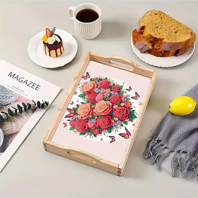DoxQcs DIY Diamond Art Wooden Tray Kit Easter Food Tray with Handle Diamond Painted Table Decoration Tray for Breakfast Bar Dinner Table Diamond Art Painting for Beginners-Rose Heart