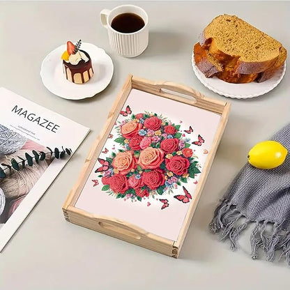 DoxQcs DIY Diamond Art Wooden Tray Kit Easter Food Tray with Handle Diamond Painted Table Decoration Tray for Breakfast Bar Dinner Table Diamond Art Painting for Beginners-Rose Heart