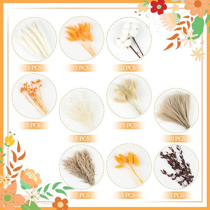 110pcs Fall Dried Flowers Bouquet 17inches Boho Autumn Dried Flowers Set Natural Dried Flower Bouquet Decoration for Home vase Wedding Autumn Thanksgiving TableIndoor Decoration