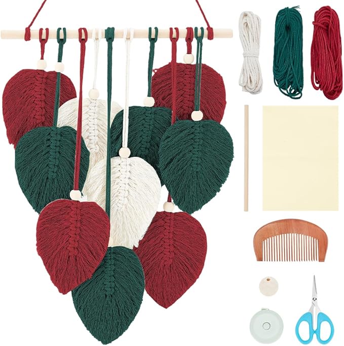 FREEBLOSS DIY Christmas Color Macrame Leaf Kit Macrame Leaf Wall Hanging Bohemian Leaf Tapestry Decor Macrame Kit for Beginners Handmade Feather Wall Decorations for Bedroom Dorm