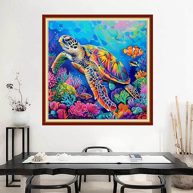 Joyhoor Stamped Cross Stitch Kits for Beginners Needlepoint Kits for Adults Embroidery Kits 11CT Counted Cross Stitch Kits Printed Embroidery Pattern-Colorful Sea Turtle 18x18 inchs