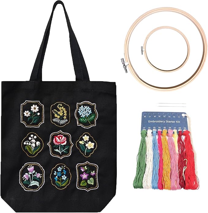 SUPBRAIN Embroidery kit, Canvas Tote Bag Embroidery Kit, Include Stamped Flower Pattern, Hoop, Color Threads and Tool, Suitable for Beginners, Adults Arts and DIY Crafts Kits (Black)