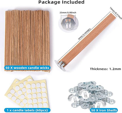 Ziosxin 50 Set Candle Wick, Thicken Smokeless Cherry Wood Wicks for Candles-Long Lasting Flame-Easily Burn, Candle Cores with Stand and Glue Dot, Candle Wicks for Candle Making