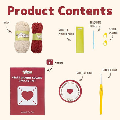 Yeezhee Crochet Kit for Beginners, Granny Square Starter Kit with Step-by-Step Video Tutorials, Knitting Kit for Adults & Teens Including Yarn, Crochet Hook, Heart