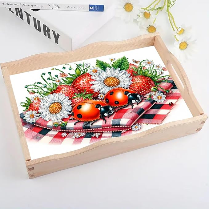 DoxQcs DIY Diamond Art Wooden Food Tray with Handle Diamond Painted Table Decoration Tray for Breakfast Bar Dinner Table Diamonds Art Painting for Beginners-Strawberry
