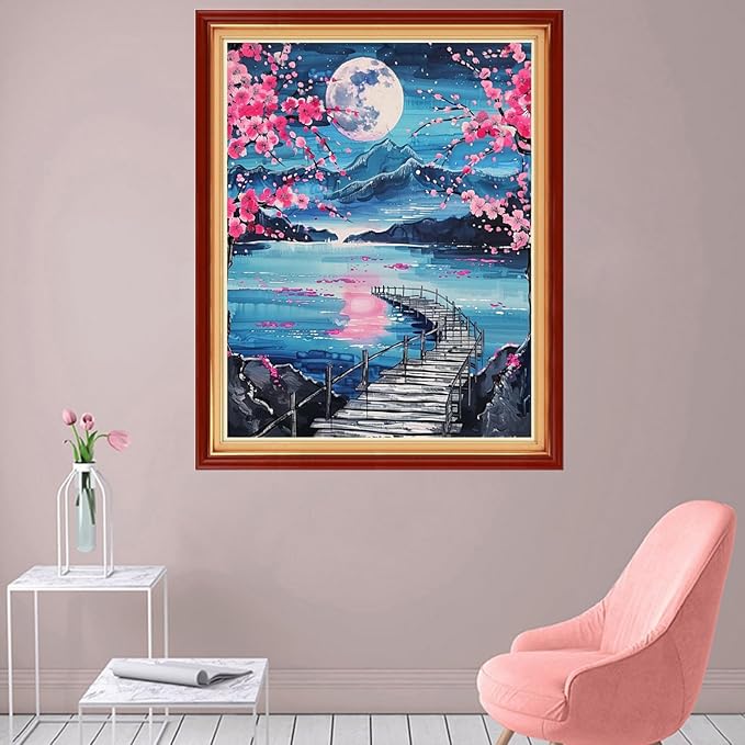 Foxhool Stamped Cross Stitch Kits,11CT Printed Cross Stitch Pattern Full Embroidery Kits for Beginner Needlepoint Kits-Moonlit Peach Blossoms 16x20 inch