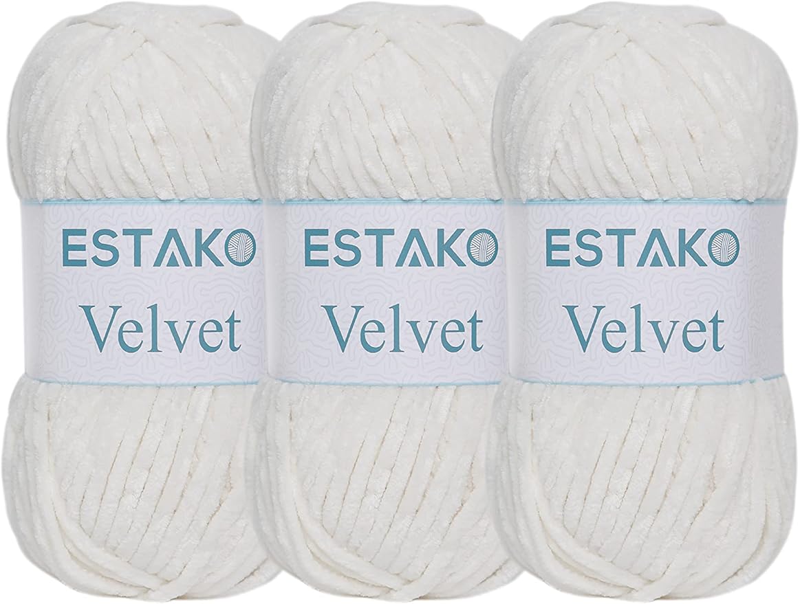 Estako Velvet (3- Skeins Pack) Chenille Blanket amigurumi Yarn for Crocheting and Knitting Super Bulky 3x100 gr (3x132 yds) (1150 - Cream)