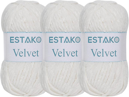 Estako Velvet (3- Skeins Pack) Chenille Blanket amigurumi Yarn for Crocheting and Knitting Super Bulky 3x100 gr (3x132 yds) (1150 - Cream)